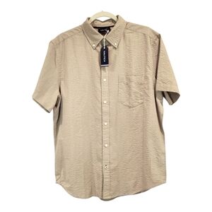 NEW NAUTICA SZ L Men's Seersucker Short Sleeve Button Down Casual Shirt Tan